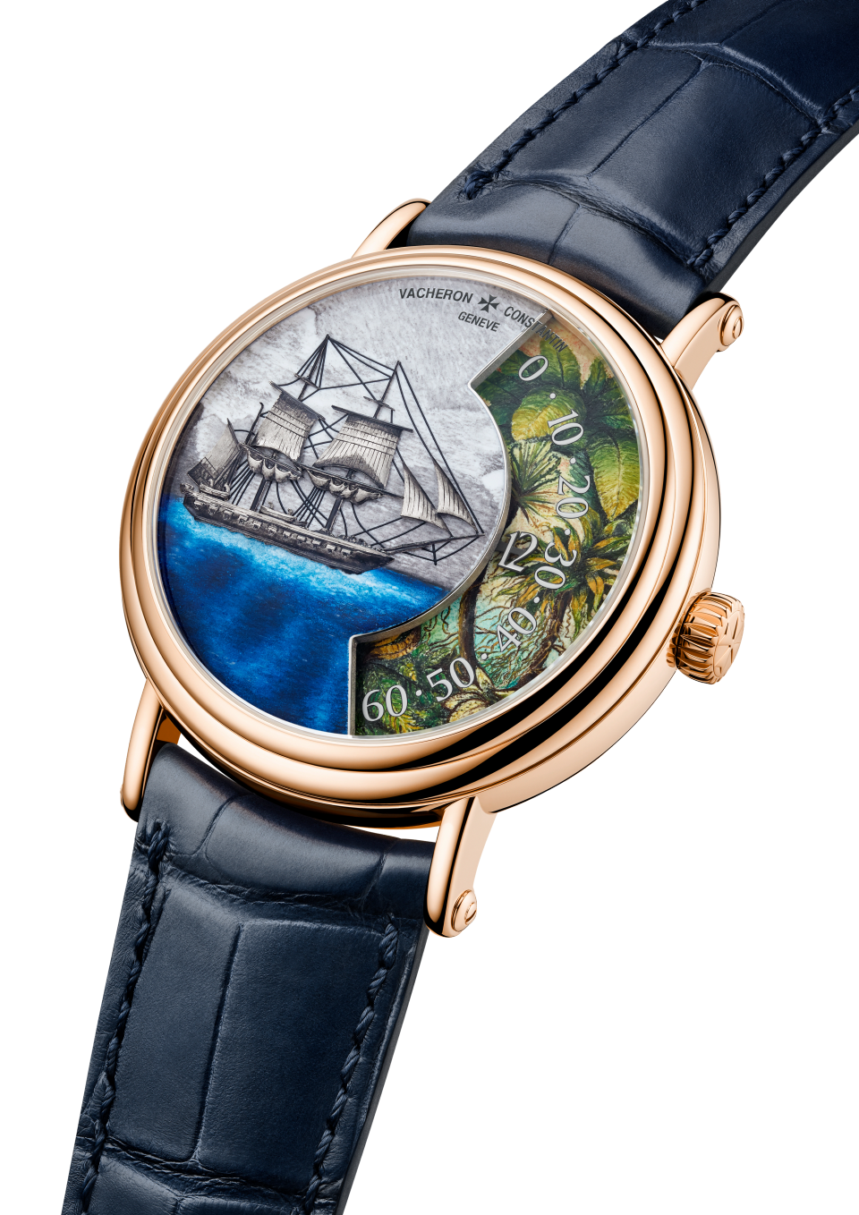 3/4 ракурс - Пакшот - Часы - Métiers d'Art: в честь исследователей-натуралистов - Магелланов пролив - 41 mm Розовое золото c Кожа аллигатора ремешком