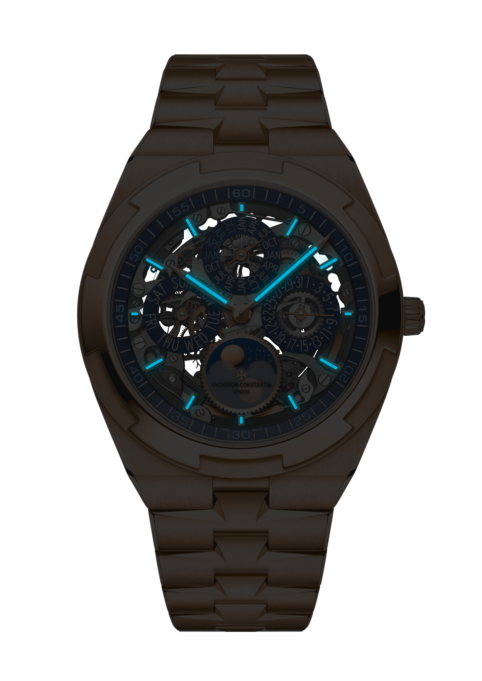 Night view - Packshot - Watch - Overseas perpetual calendar ultra-thin skeleton - 41.5 mm Pink Gold with 18K pink gold, Grained calfskin leather, Rubber straps