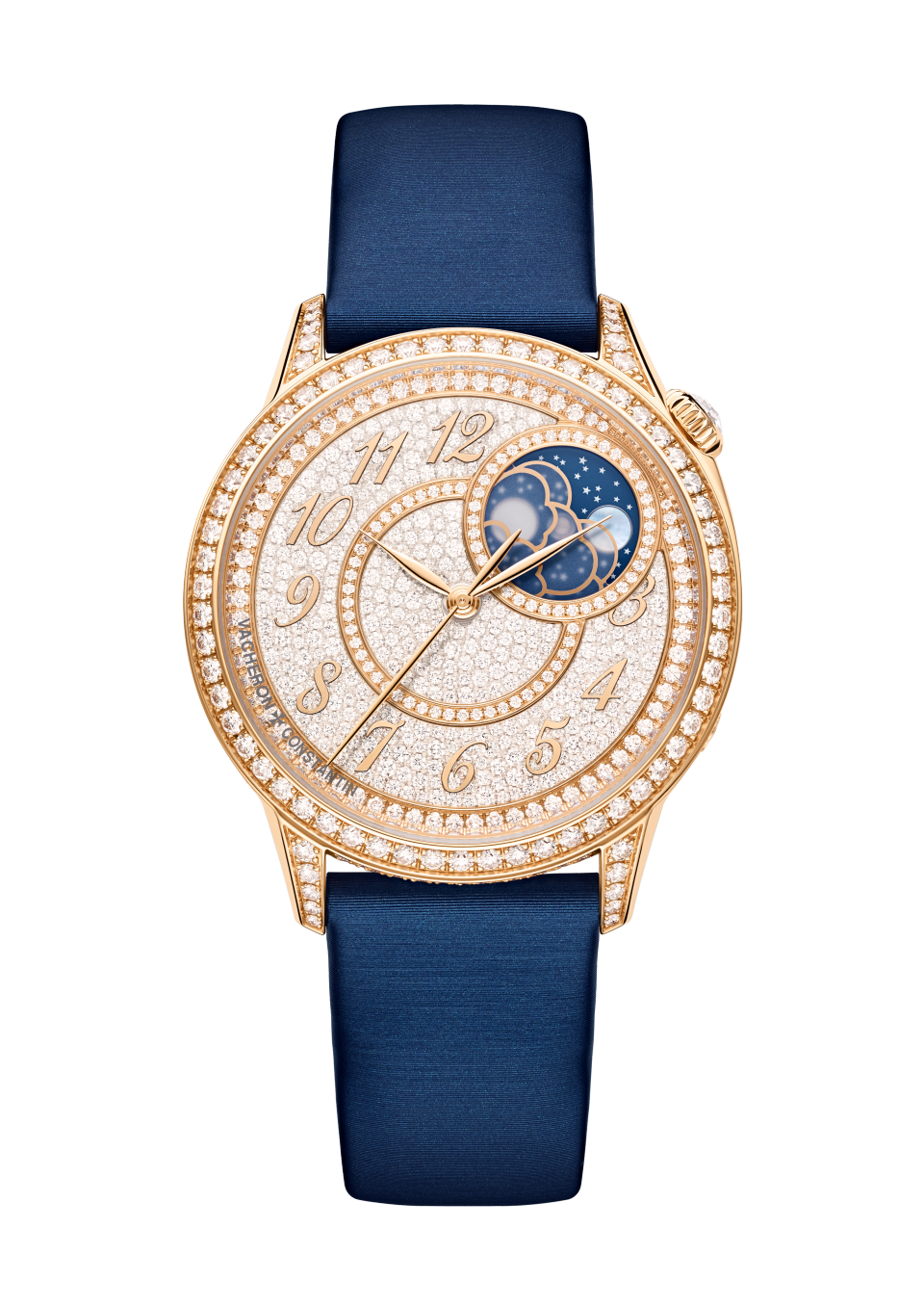 Vue de face - Plan produit - Montre - Égérie phase de lune - 37 mm Or rose avec Veau satiné, Cuir d’alligator Bracelets