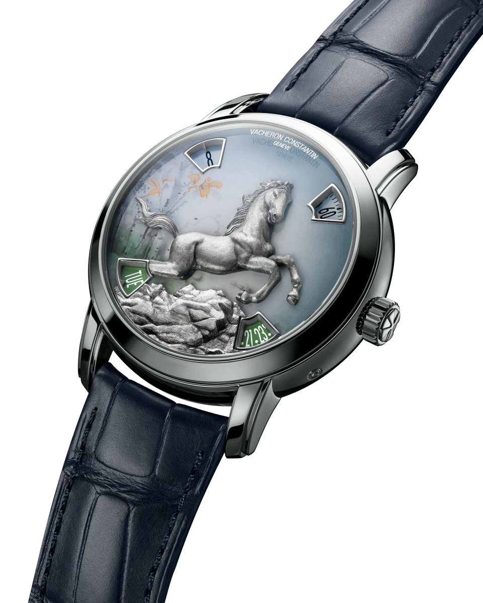 3/4 view - Packshot - Watch - Métiers d'Art The legend of the Chinese zodiac - year of the horse - 40 mm Platinum with Alligator leather strap