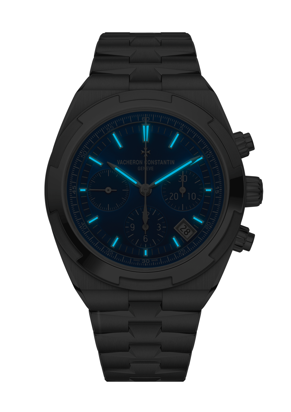 عرض ليلي - صورة مقربة - ساعة يد - أوڤرسيز كرونوغراف - 42.5 مم الفولاذ مع جلد عجل مُحبّب, فولاذ مقاوم للصدأ, المطاط الأحزمة