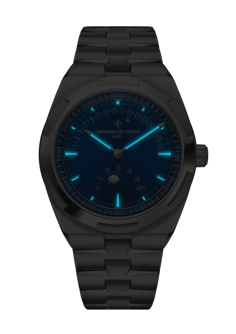 Night view - Packshot - Watch - Overseas moon phase retrograde date - 41 mm Steel with Grained calfskin leather, Stainless steel, Rubber straps