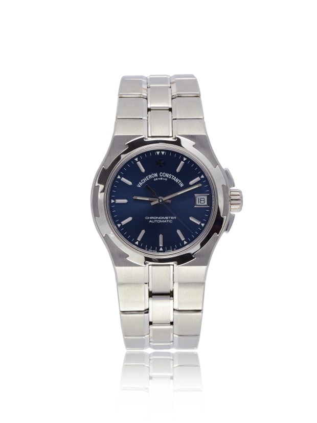 Stainless steel watch with a blue dial and date disply.