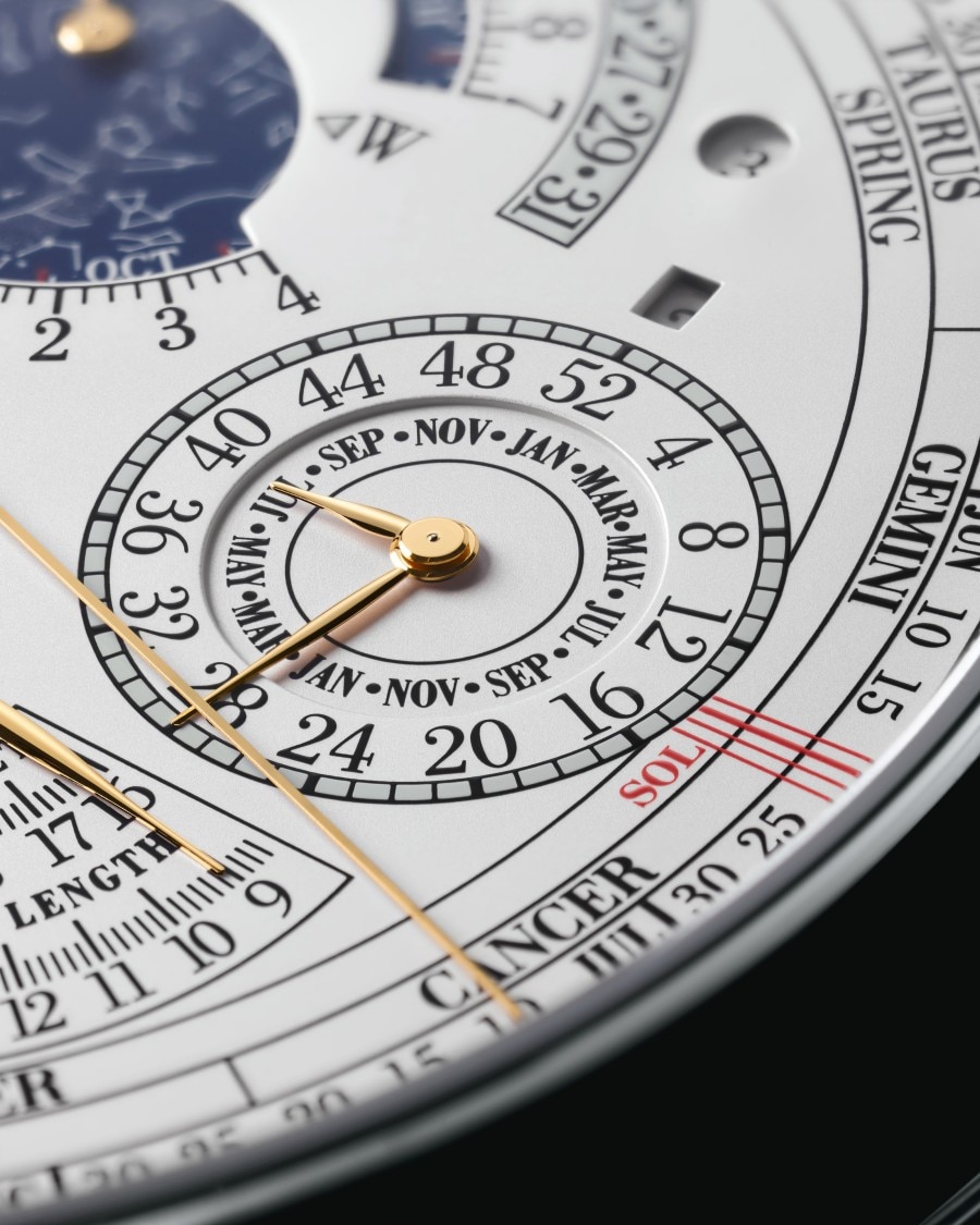 Detailed view of the front dial of reference 57260 showing the Hebraic Calendar.