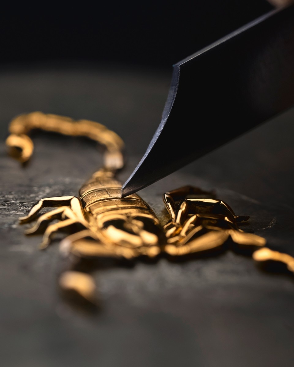 Image illustarting a golden scorpion hit by a tool