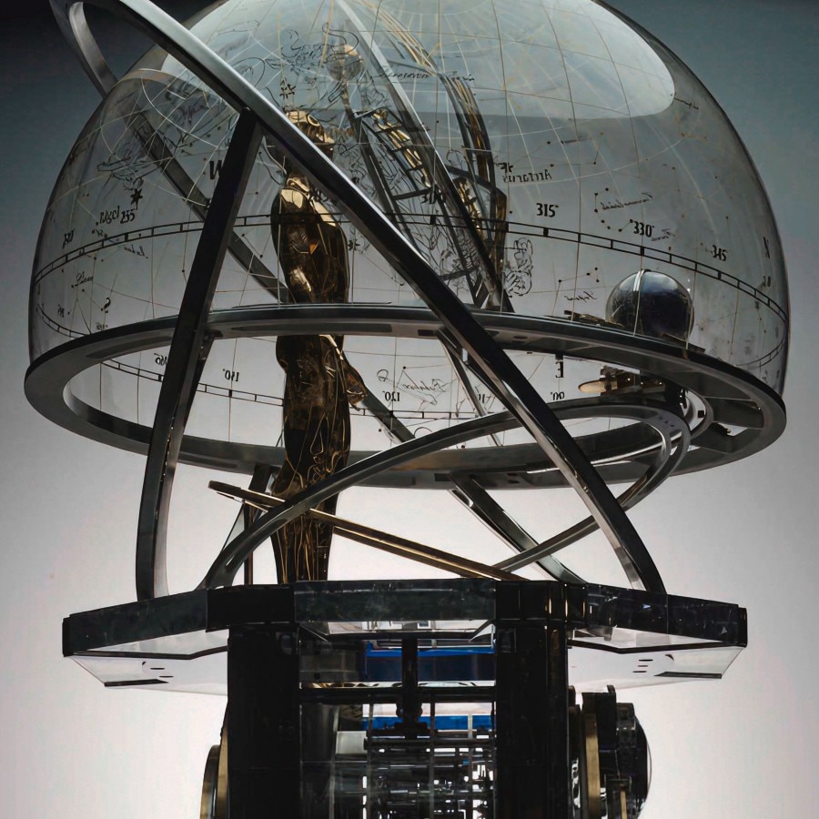 Image illustrating a transparent half sphere with golden constellations on top