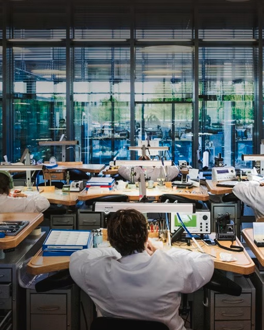 Spirito collettivo Wide view of a watchmaking workshop with artisans working at desks in a modern, glass-walled space.