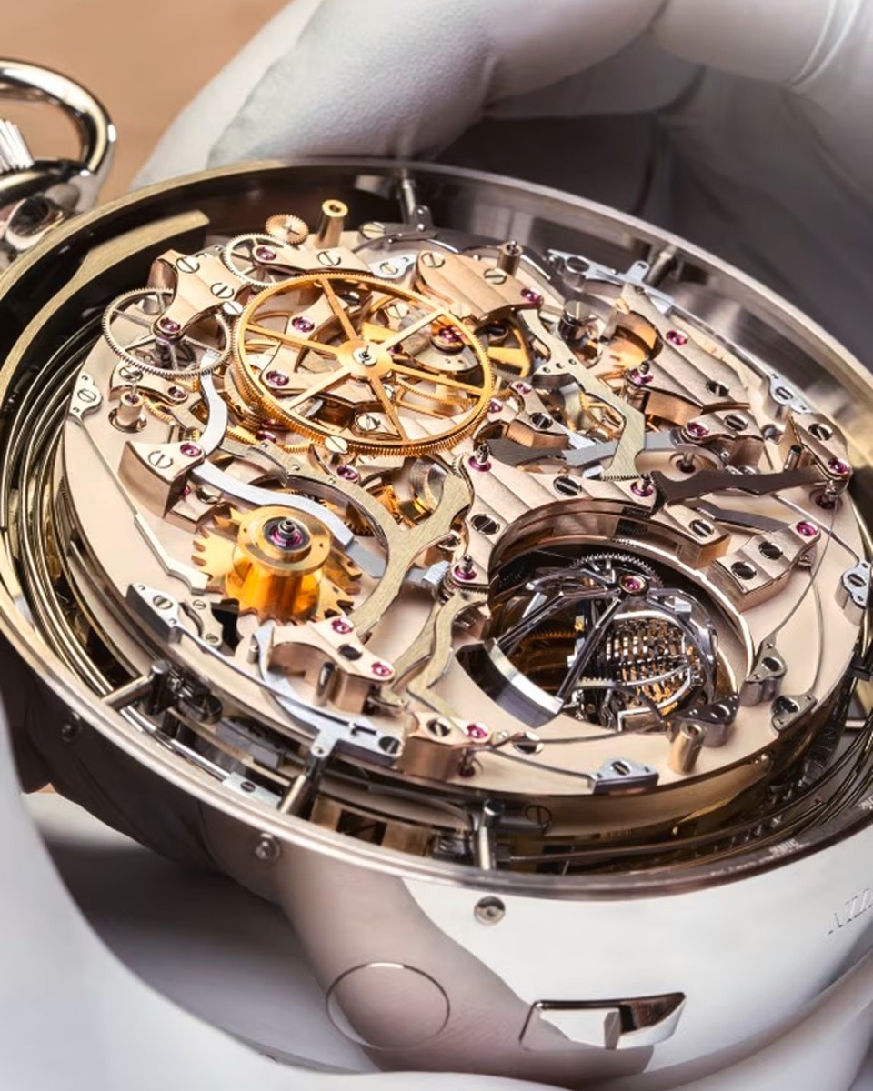 The mechanism of a Vacheron Constantin wristwatch with precious details.