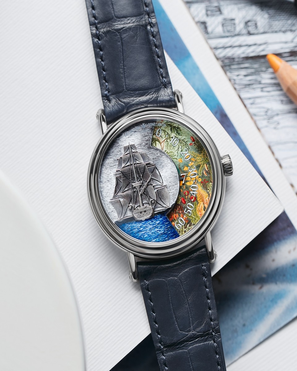 Vacheron Constantin watch with a sculpted ship and colorful enamel background.