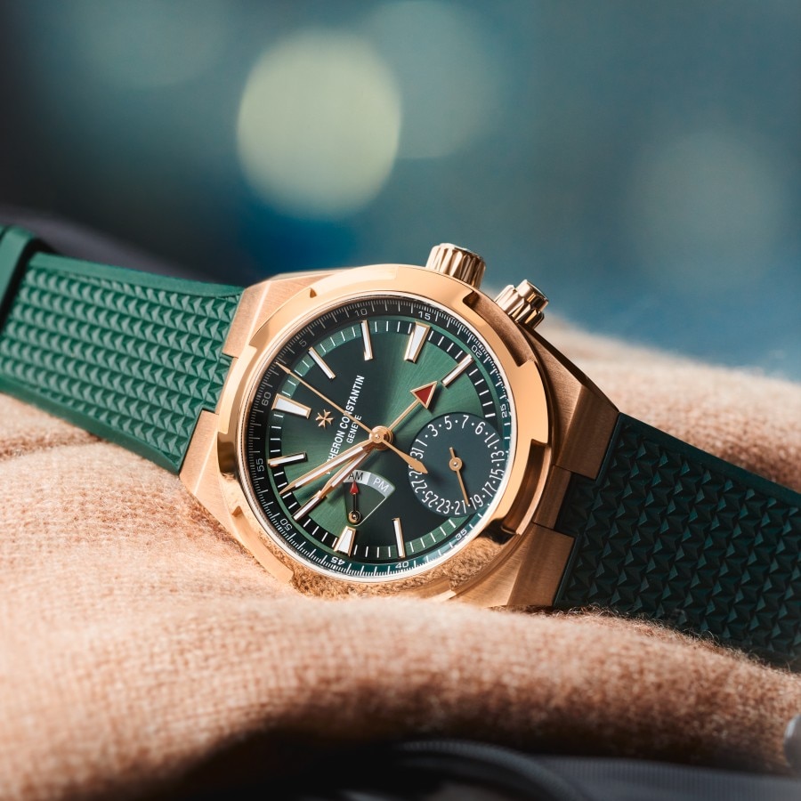 Overseas Dual time in pink gold with a green rubber strap