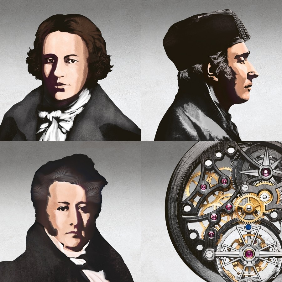 A collage of three historic male portraits and a watch movement.