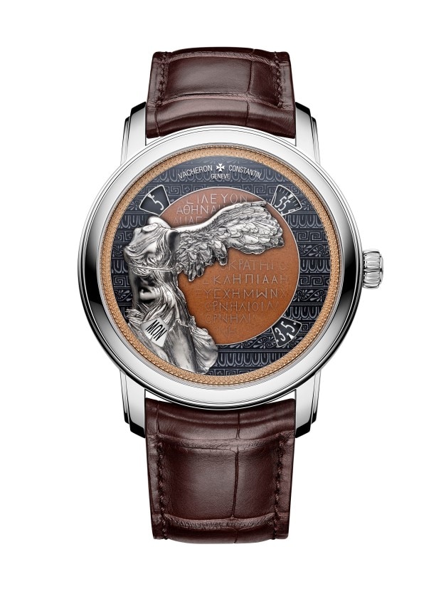 Silver watch with brown leather strap, featuring Winged Victory of Samothrace on the dial.