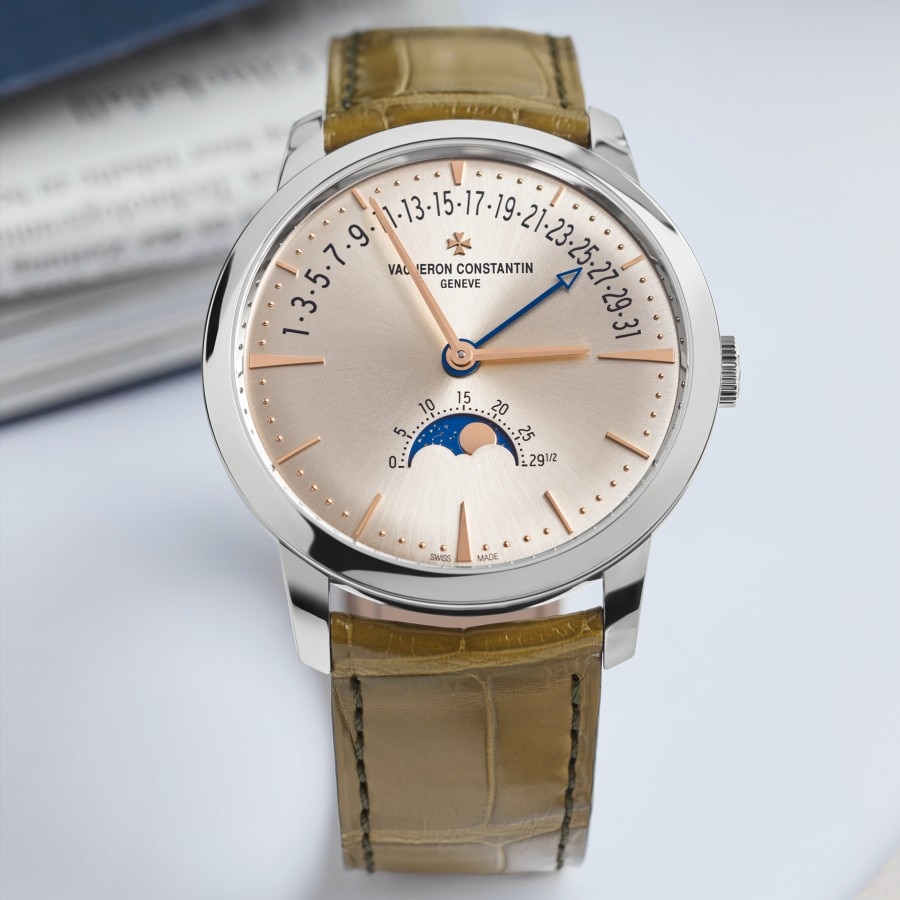 Patrimony moon phase retrograde date with a fresh olive green color strap