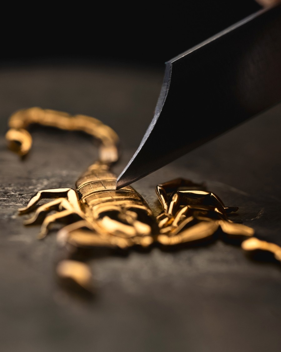 Image illustrating a gold scorpion and a blunt object