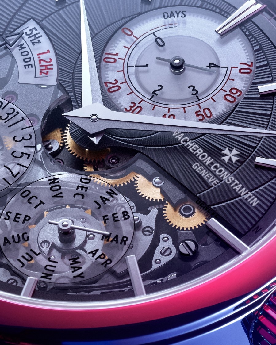 Zoomed-in view of Traditionnelle Twin Beat perpetual calendar watch.