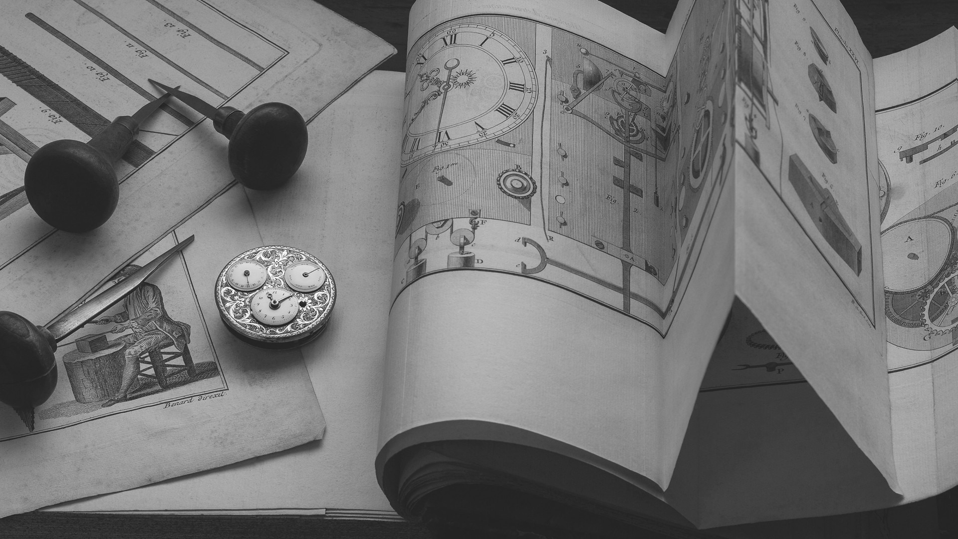 Historical watchmaking sketches and components representing brand heritage.