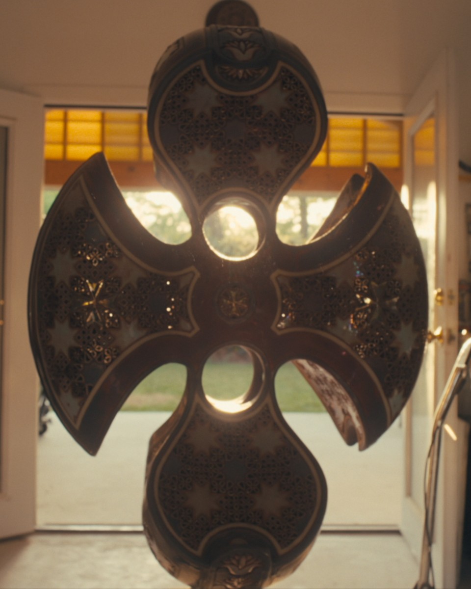 Front view of a three-tiered ceramic structure made by Ibrahim Said