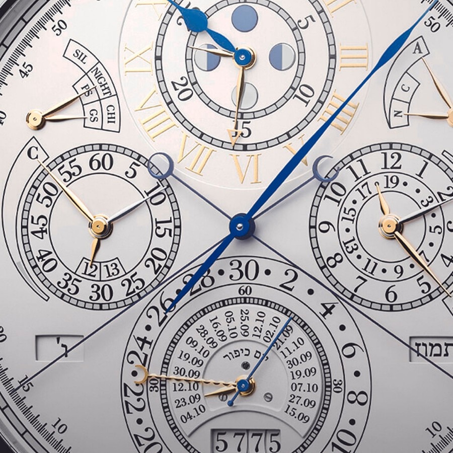 Detailed view of the front dial of reference 57260 showing the double retrograde rattrapante chronograph complication.