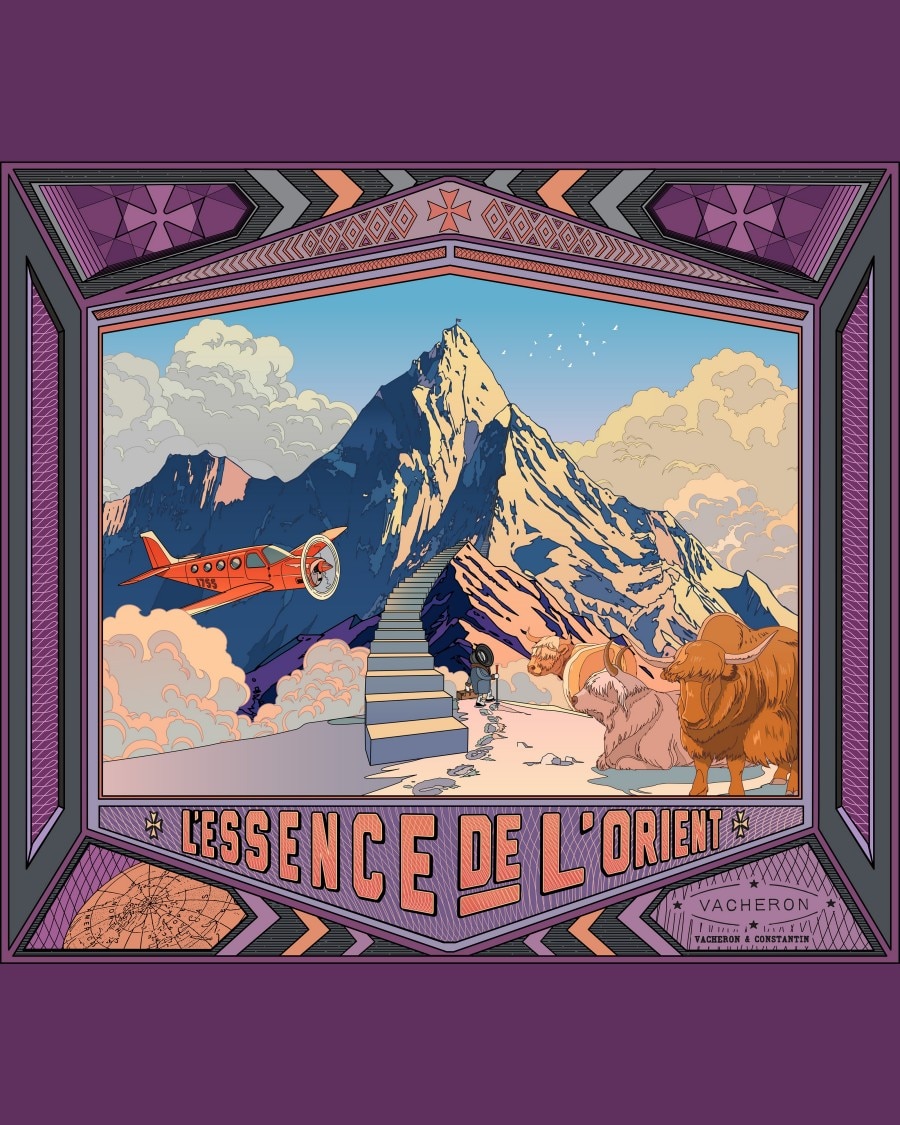 由江杉設計，描繪白雪皚皚的山峰，一架紅色小飛機掠空而過，群山與牛群相伴