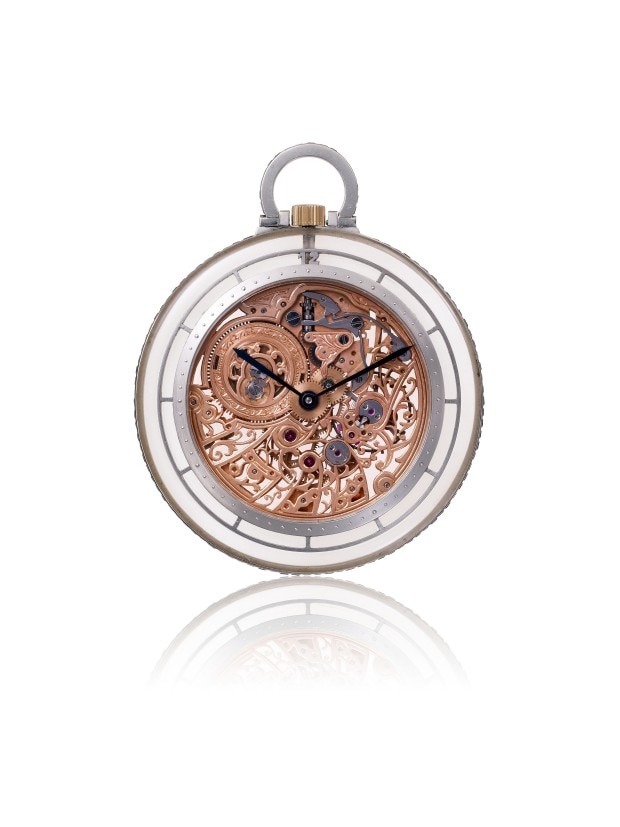 Skeletonized pocket watch with intricate gold-toned movement and transparent case design.
