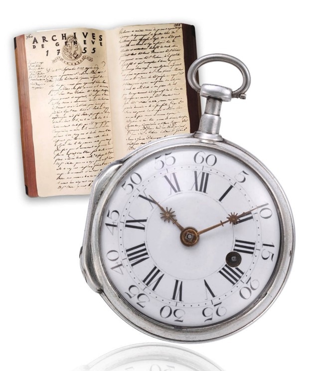An antique pocket watch with Roman numerals, placed in front of an open historical manuscript from Geneva dated 1755.