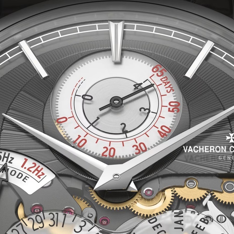 Close-up view of the traditional Twin Beat Perpetual Calendar mechanical system
