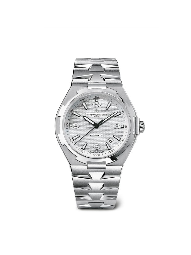 Stainless steel watch with a textured silver dial and date display.