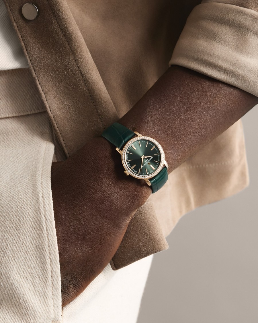 Traditionnelle  Vacheron Constantin wristwatch with green dial and green strap.