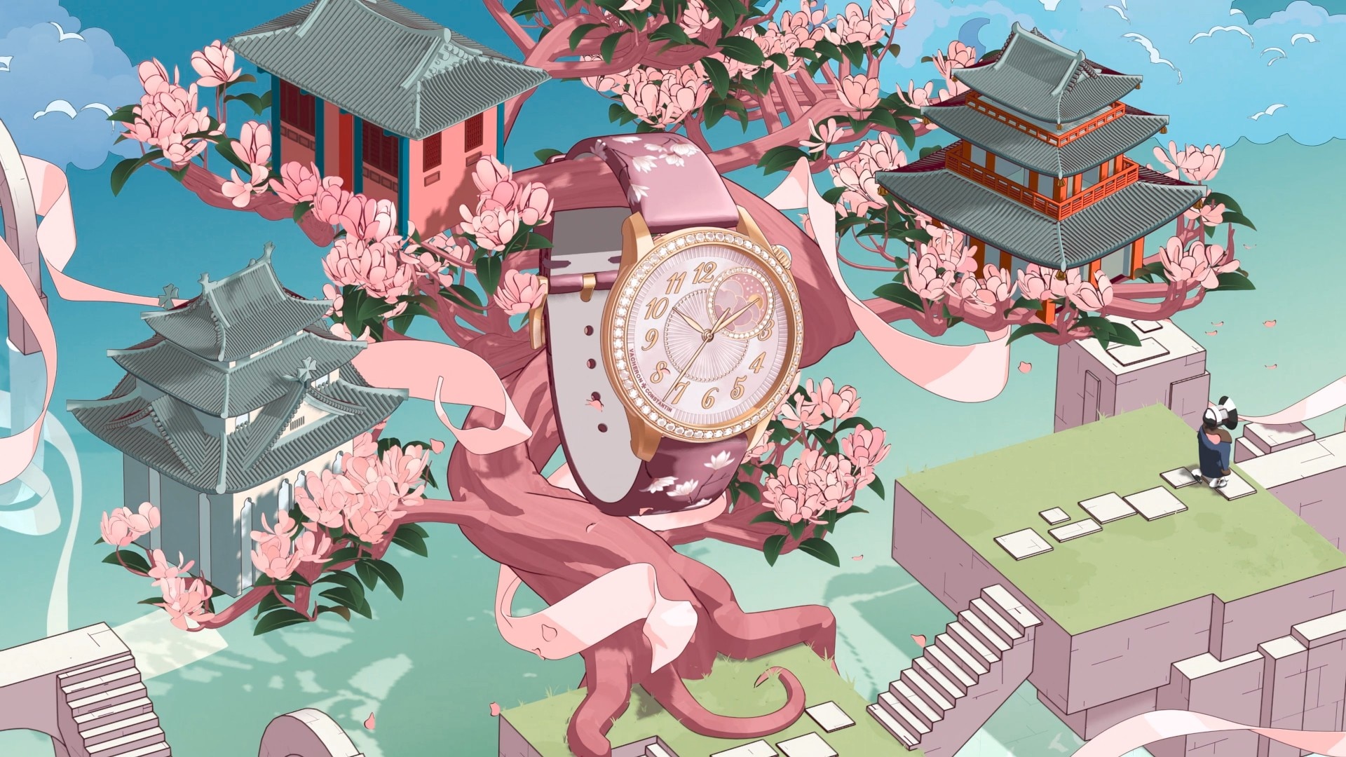 Pink floral watch on tree with East Asian buildings and waterfalls.