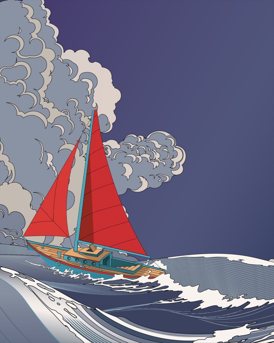 紅色帆船在非常洶湧的海上