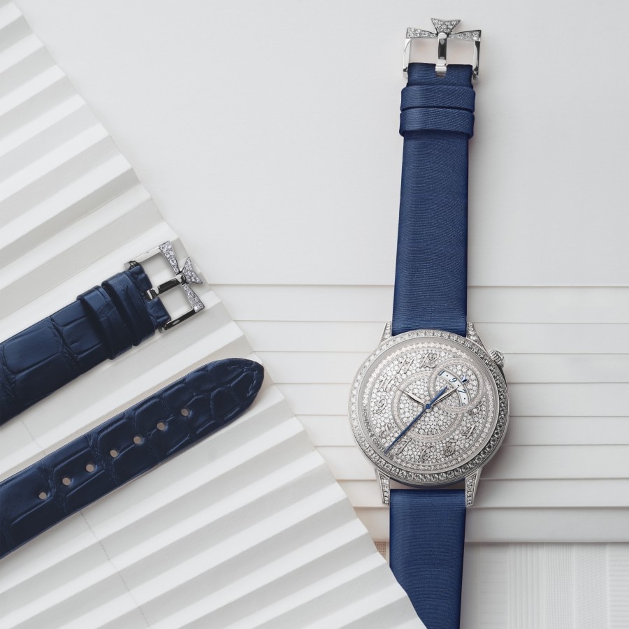 Egérie watch with a paved-dial and a blue next to its compatible strap