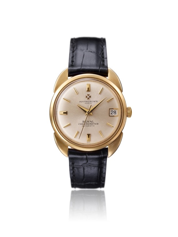 Gold Royal Chronomer with a mother-of-pearl dial date function and black leather strap.