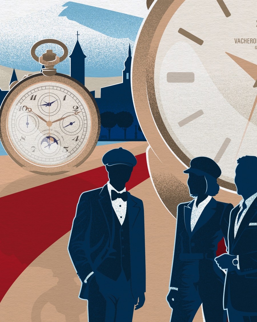 Vintage drawing of watch enthusiasts with watches in the background