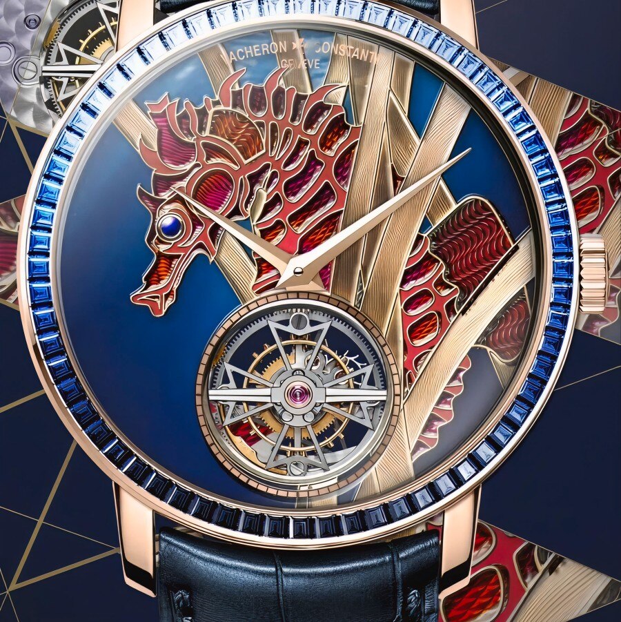 Engraved and painted red sea horse on the dail of the watch