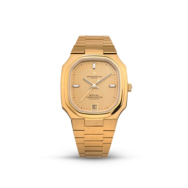 Gold-toned Royal Chronometer watch with an integrated bracelet and date display.