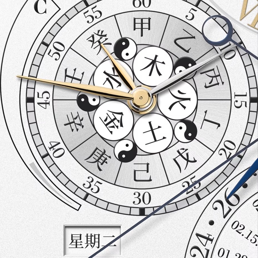 Primo piano del calendario cinese più complesso su un orologio