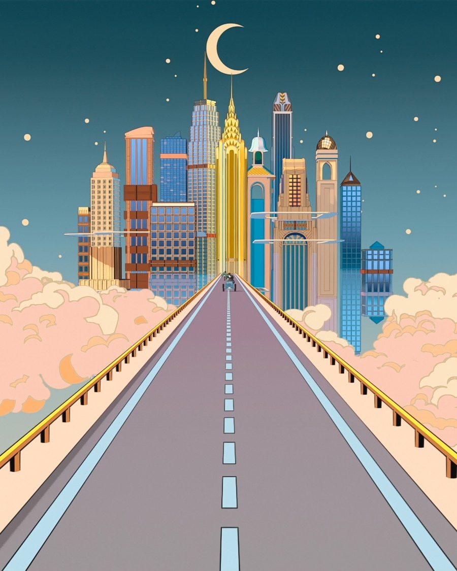 An illustration of a city and the moon in the foreground, with a bridge and a vintage car.