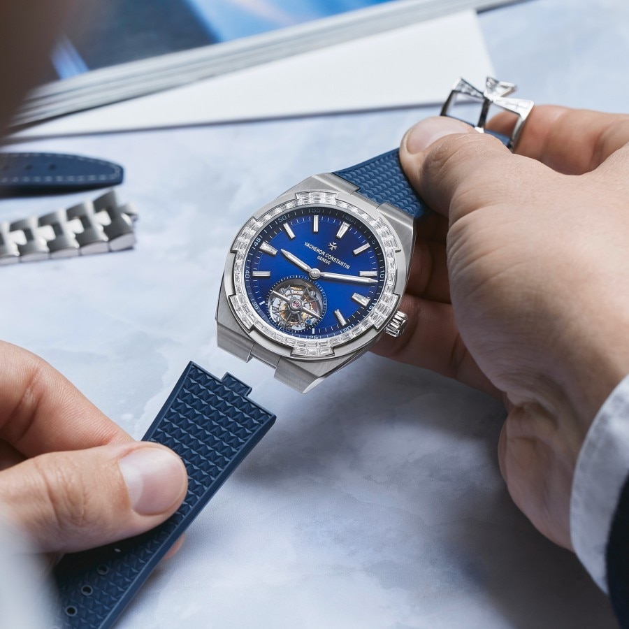 Blue dial Overseas with an interchangeable blue strap