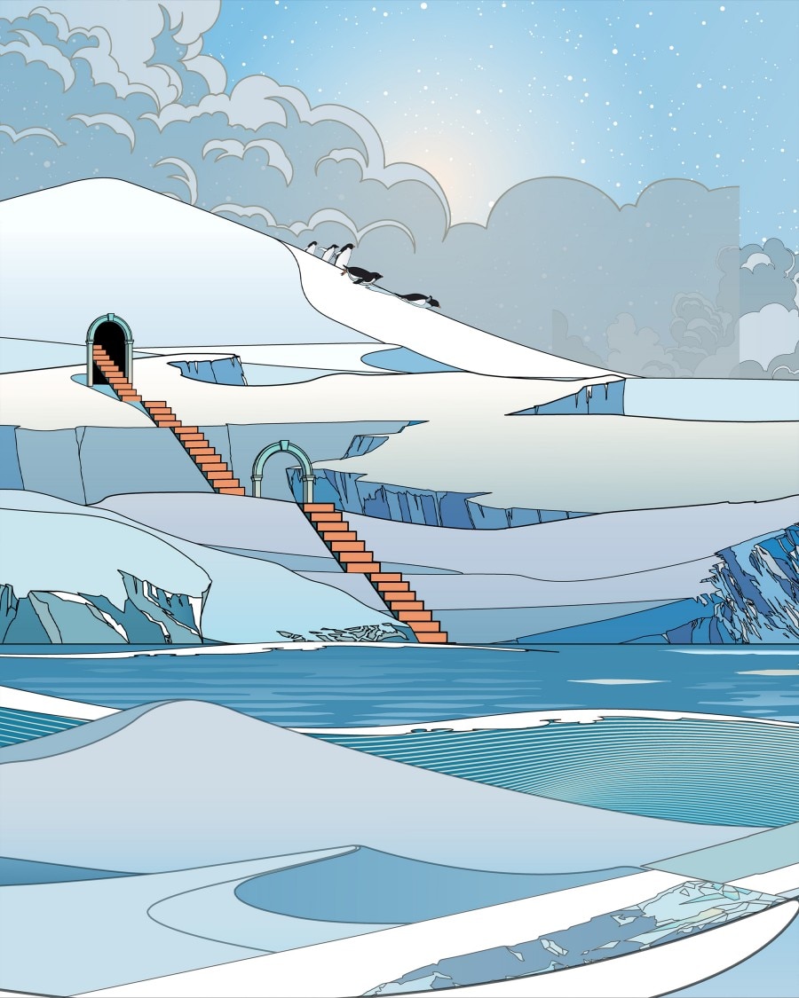 白色浮冰，橙色樓梯，陽光明媚的天空