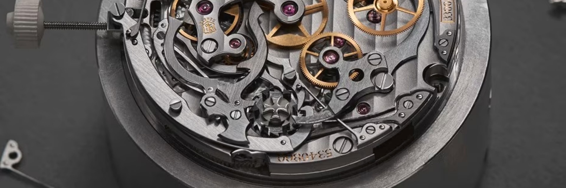 Detailed close-up of a complex mechanical watch mechanism 