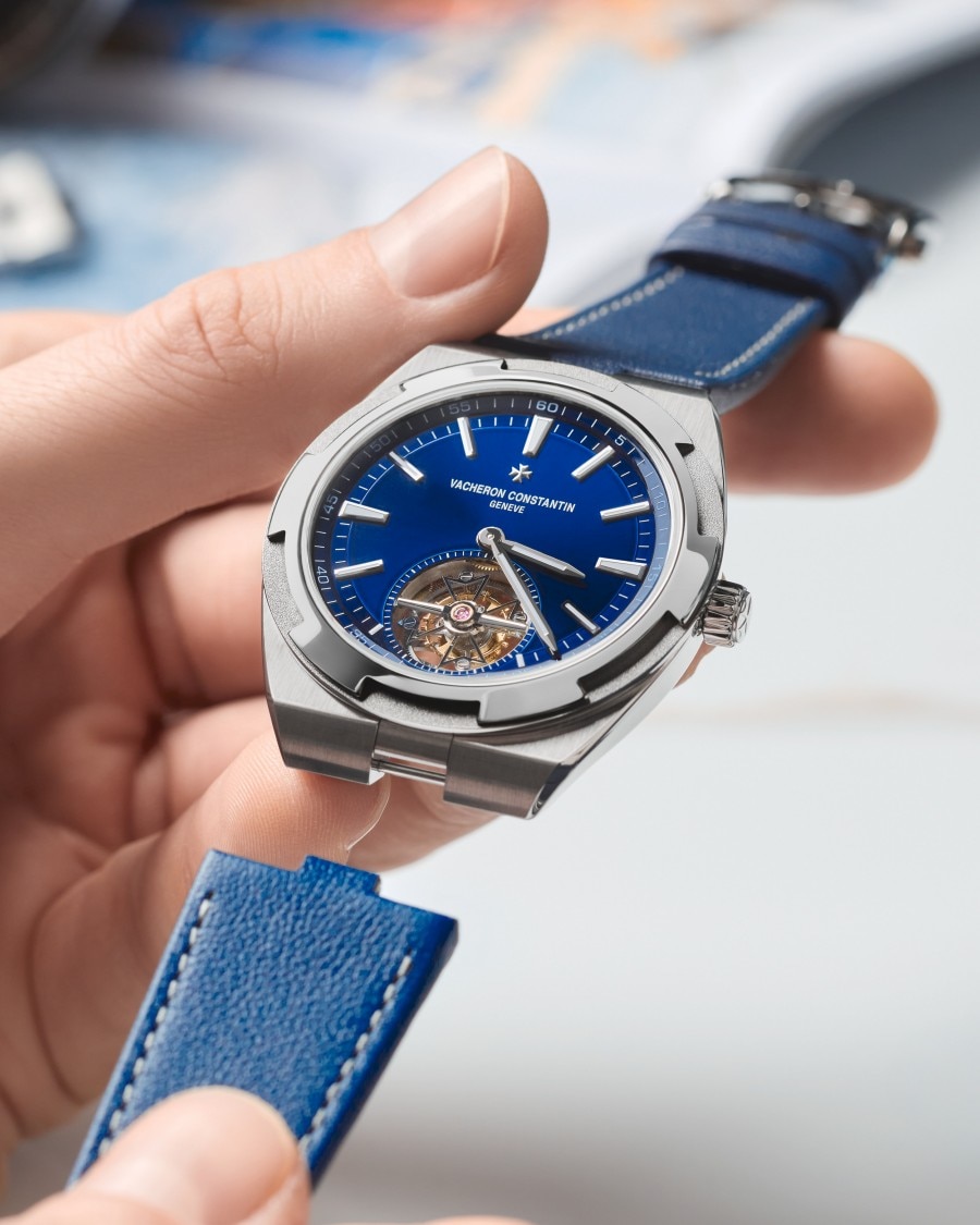 Blue Tourbillon watch with adjustable leather strap