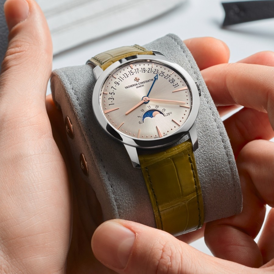 Patrimony moon phase retrograde date with a fresh olive green color strap