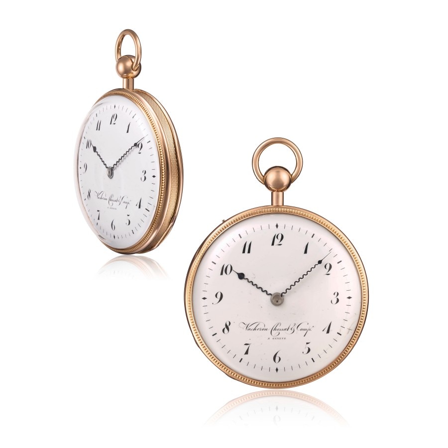Two antique gold pocket watches with white faces and black Roman numerals.