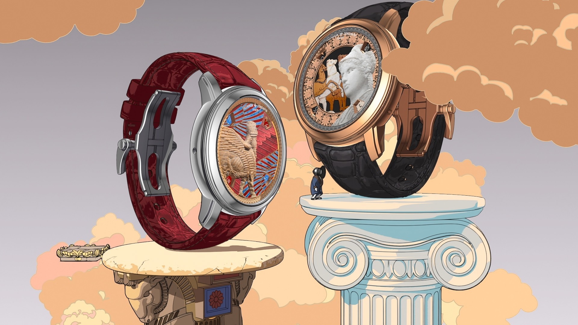 Due orologi Vacheron Constantin collocati su pilastri che rappresentano l’Omaggio alle grandi civiltà.