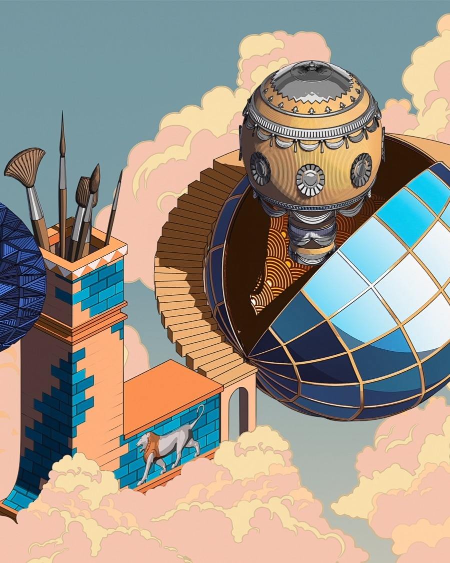 An illustrated image of a globe with stairs around it and a hot air balloon rising from it.