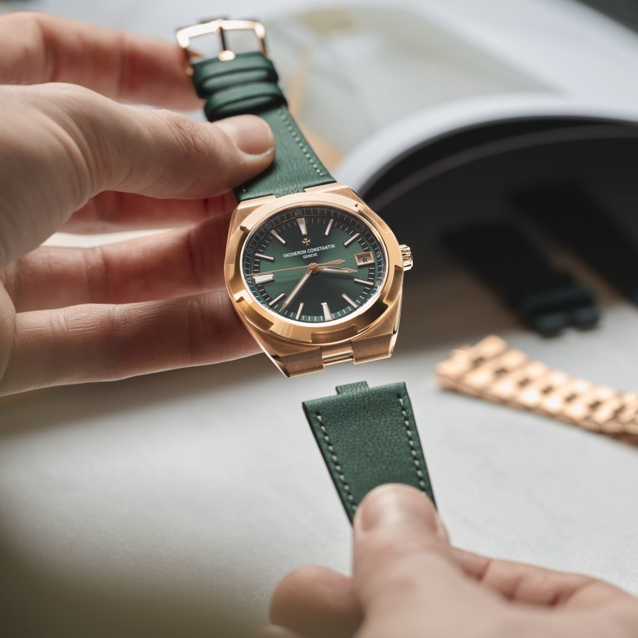 Overseas with a green dial and a green interchangeable strap