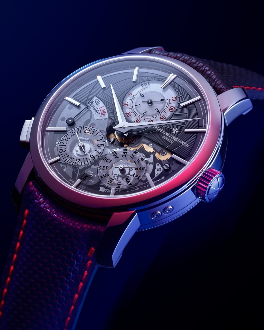 Front view of Traditionnelle Twin Beat perpetual calendar on a dark background.