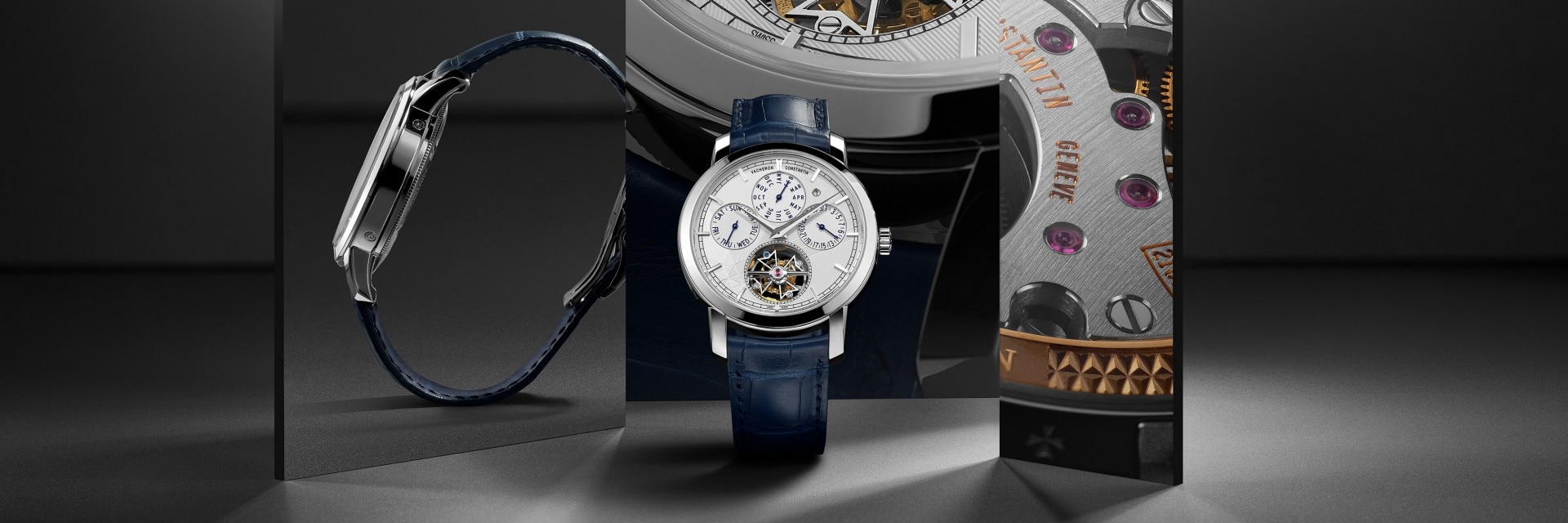 Eine Luxusuhr mit Tourbillon, stilvoll angeordnet und dargestellt neben vergrößerten Details des Zifferblatts, des Uhrwerks und eines Seitenprofils.