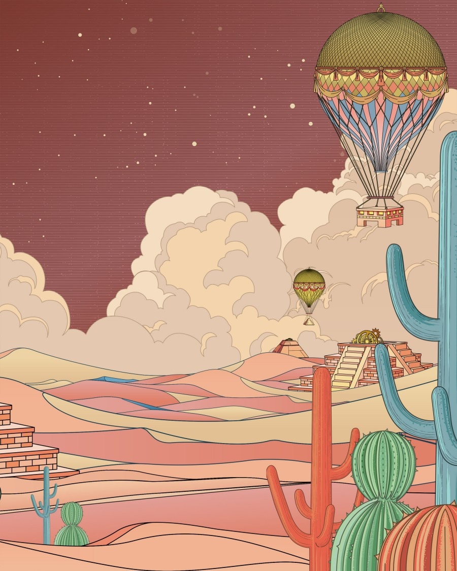 天空中飄著熱氣球的紅色沙漠景觀