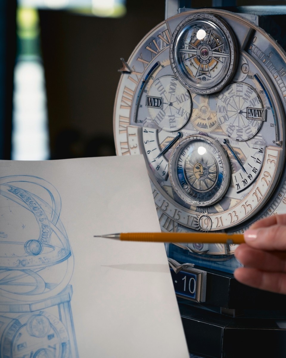 Image illustarting a pen, a drawing and a watch model